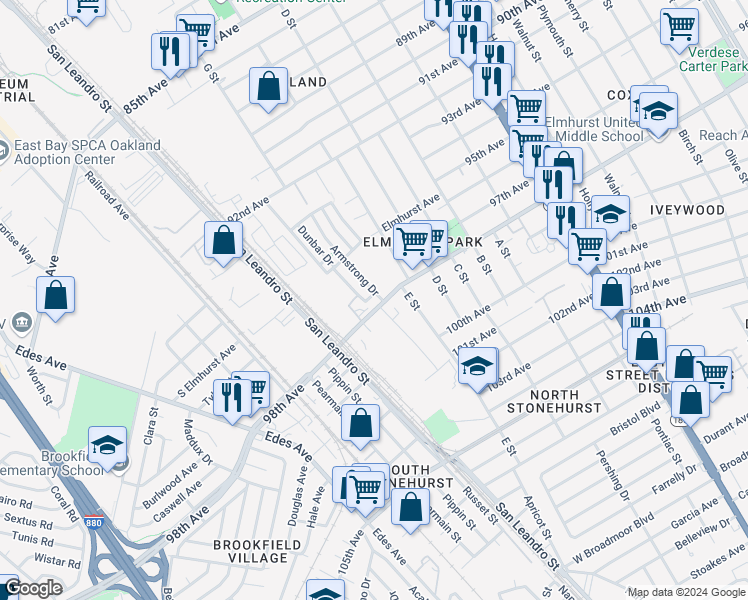 map of restaurants, bars, coffee shops, grocery stores, and more near 823 Woodson Drive in Oakland