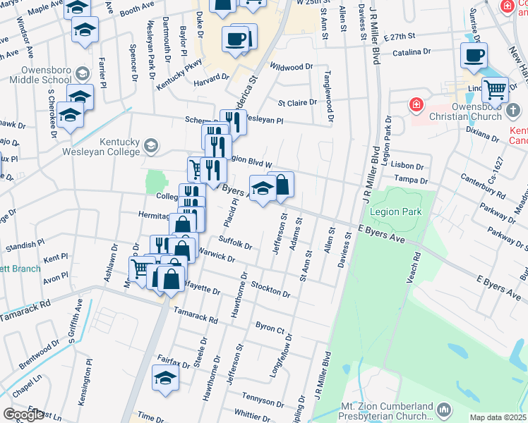 map of restaurants, bars, coffee shops, grocery stores, and more near 510 West Byers Avenue in Owensboro
