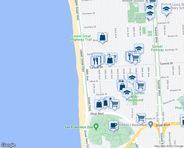 map of restaurants, bars, coffee shops, grocery stores, and more near 2445 47th Avenue in San Francisco