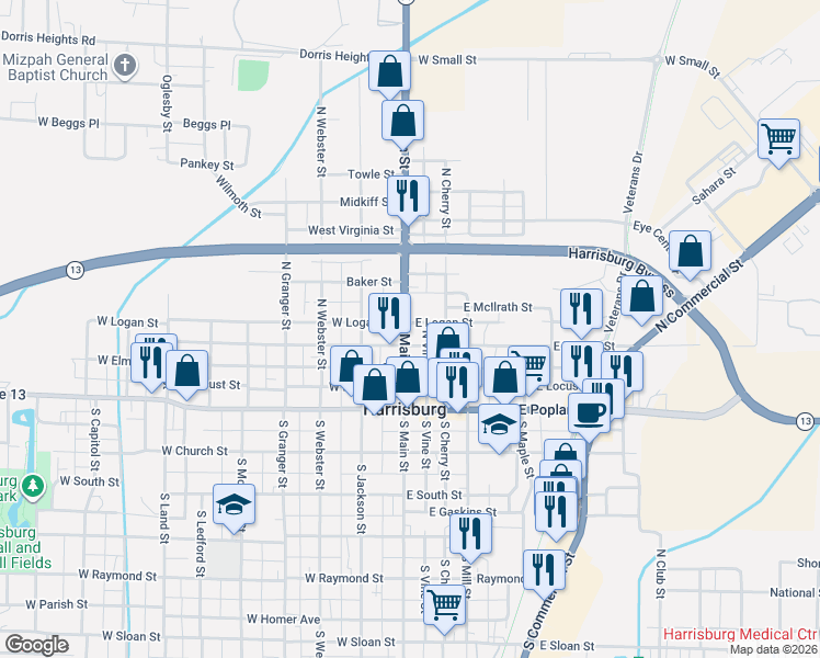 map of restaurants, bars, coffee shops, grocery stores, and more near 427-499 North Main Street in Harrisburg