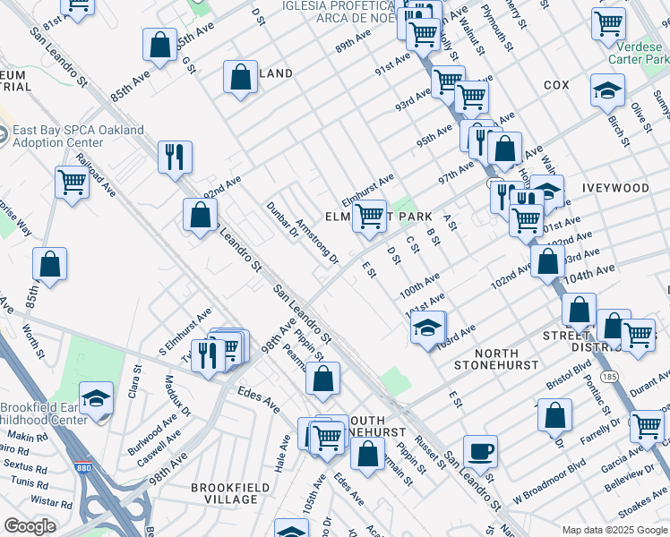 map of restaurants, bars, coffee shops, grocery stores, and more near 823 Woodson Drive in Oakland