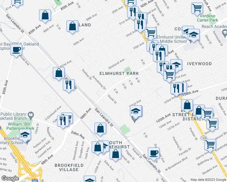 map of restaurants, bars, coffee shops, grocery stores, and more near 9821 E Street in Oakland