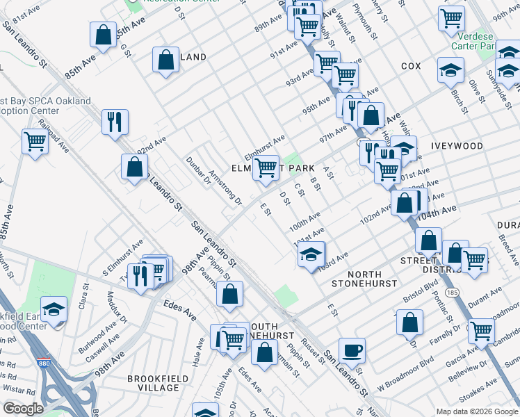 map of restaurants, bars, coffee shops, grocery stores, and more near 9821 E Street in Oakland