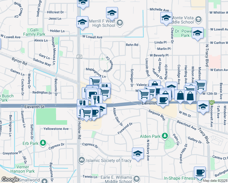 map of restaurants, bars, coffee shops, grocery stores, and more near 1750 Laurelgrove Lane in Tracy