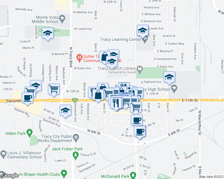 map of restaurants, bars, coffee shops, grocery stores, and more near 223 West 12th Street in Tracy