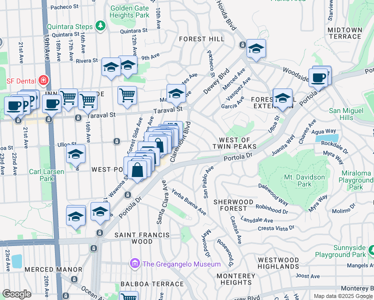 map of restaurants, bars, coffee shops, grocery stores, and more near 754 Ulloa Street in San Francisco