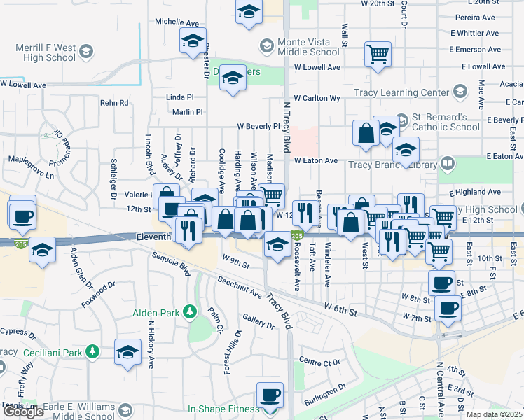 map of restaurants, bars, coffee shops, grocery stores, and more near 1200 Wilson Avenue in Tracy