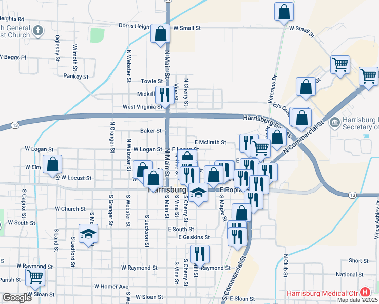 map of restaurants, bars, coffee shops, grocery stores, and more near N Cherry St in Harrisburg