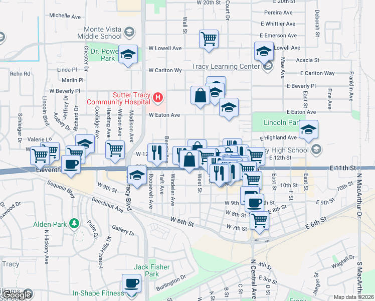 map of restaurants, bars, coffee shops, grocery stores, and more near 344 West Highland Avenue in Tracy