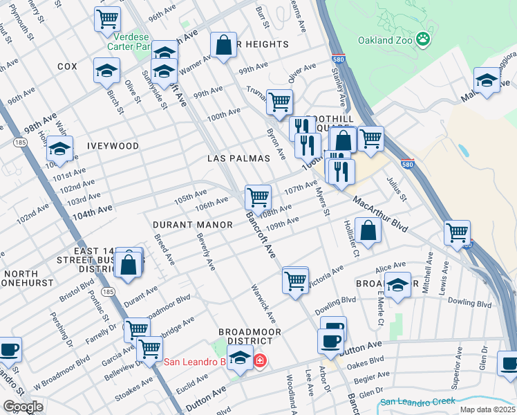 map of restaurants, bars, coffee shops, grocery stores, and more near 2235 107th Avenue in Oakland
