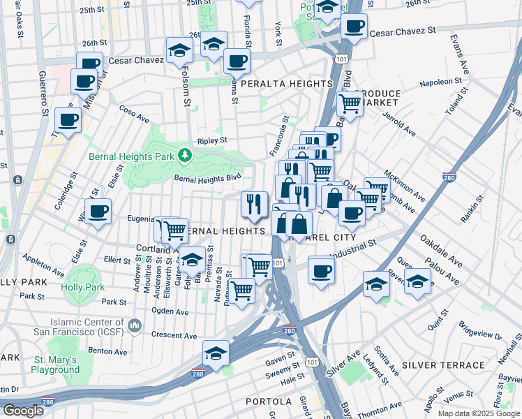 map of restaurants, bars, coffee shops, grocery stores, and more near 690 Peralta Avenue in San Francisco