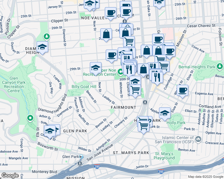 map of restaurants, bars, coffee shops, grocery stores, and more near 1713 Sanchez Street in San Francisco