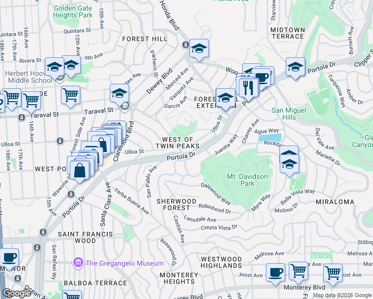 map of restaurants, bars, coffee shops, grocery stores, and more near 428 Ulloa Street in San Francisco