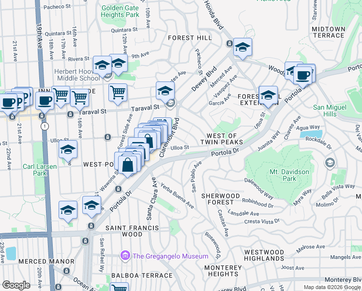map of restaurants, bars, coffee shops, grocery stores, and more near 55 Allston Way in San Francisco