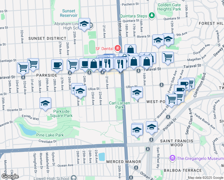 map of restaurants, bars, coffee shops, grocery stores, and more near 2482 20th Avenue in San Francisco