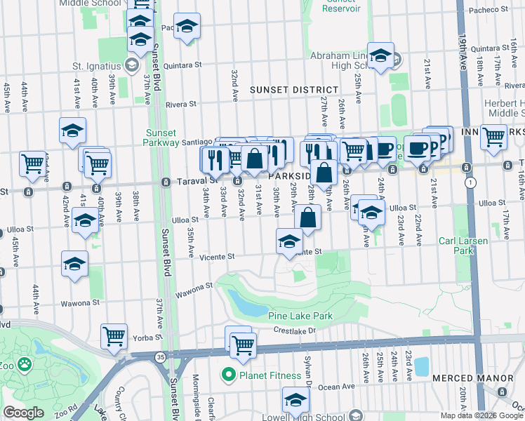 map of restaurants, bars, coffee shops, grocery stores, and more near 2450 31st Avenue in San Francisco