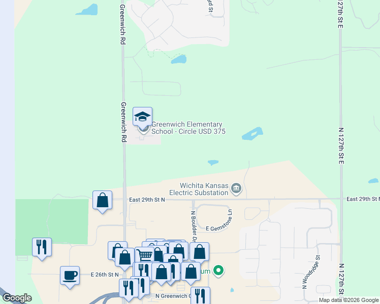 map of restaurants, bars, coffee shops, grocery stores, and more near 3150 North Greenwich Road in Wichita