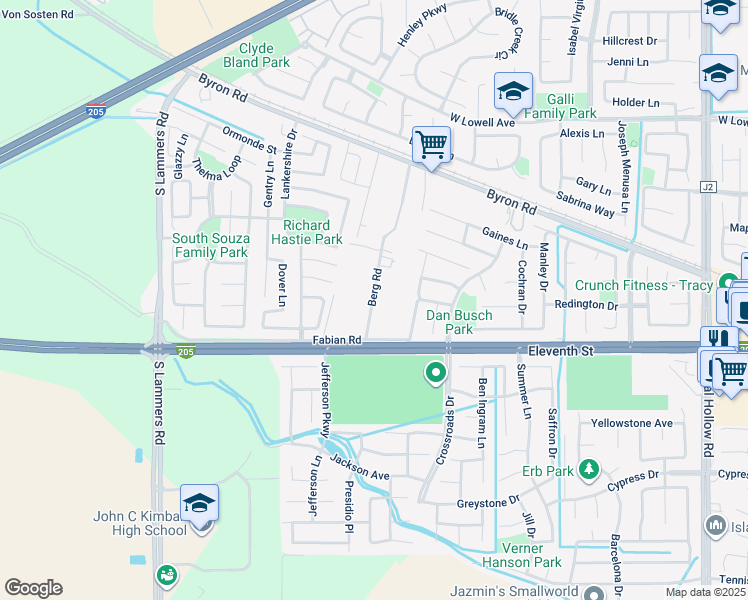 map of restaurants, bars, coffee shops, grocery stores, and more near 1180 Berg Road in Tracy