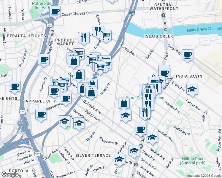 map of restaurants, bars, coffee shops, grocery stores, and more near 901 Rankin Street in San Francisco