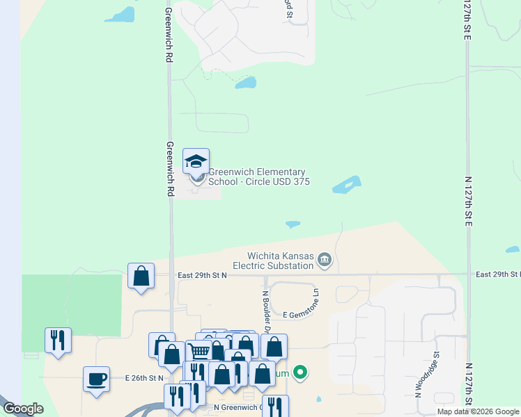 map of restaurants, bars, coffee shops, grocery stores, and more near 3150 North Greenwich Road in Wichita