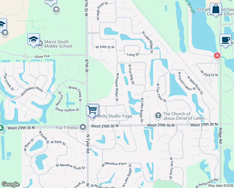 map of restaurants, bars, coffee shops, grocery stores, and more near 3198 Pepper Ridge in Wichita