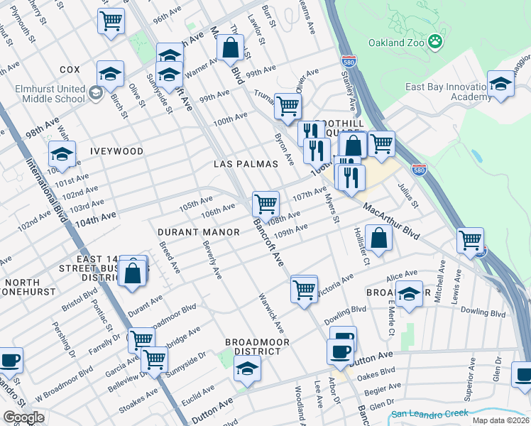 map of restaurants, bars, coffee shops, grocery stores, and more near 2235 107th Avenue in Oakland