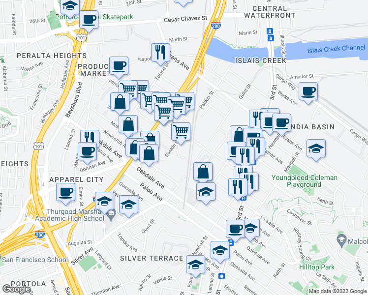 map of restaurants, bars, coffee shops, grocery stores, and more near 901 Rankin Street in San Francisco