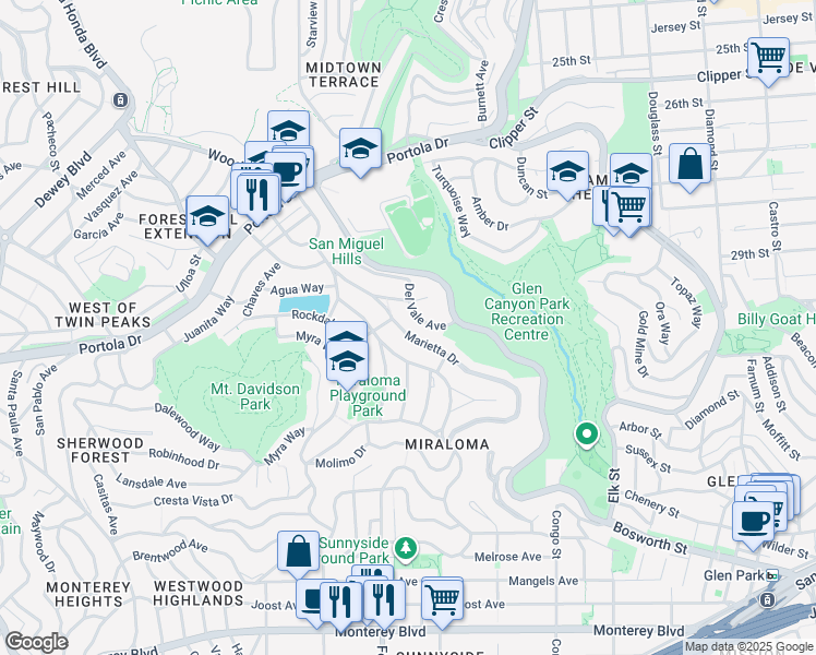map of restaurants, bars, coffee shops, grocery stores, and more near 107 Encline Court in San Francisco