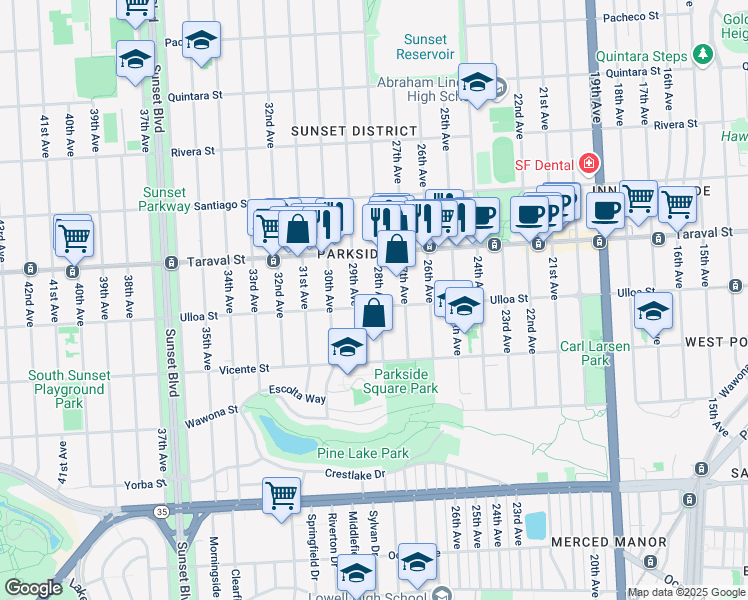 map of restaurants, bars, coffee shops, grocery stores, and more near 2459 28th Avenue in San Francisco