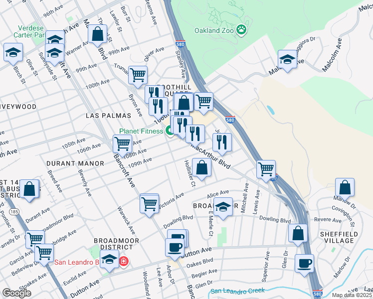 map of restaurants, bars, coffee shops, grocery stores, and more near 2615 109th Avenue in Oakland