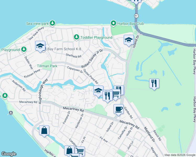 map of restaurants, bars, coffee shops, grocery stores, and more near 27 Steuben Bay in Alameda