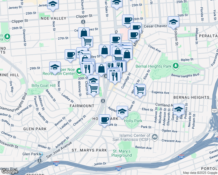 map of restaurants, bars, coffee shops, grocery stores, and more near 1761 Dolores Street in San Francisco