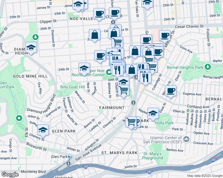 map of restaurants, bars, coffee shops, grocery stores, and more near 1824 Church Street in San Francisco