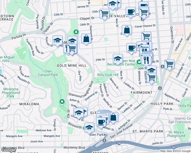 map of restaurants, bars, coffee shops, grocery stores, and more near 395 Beacon Street in San Francisco