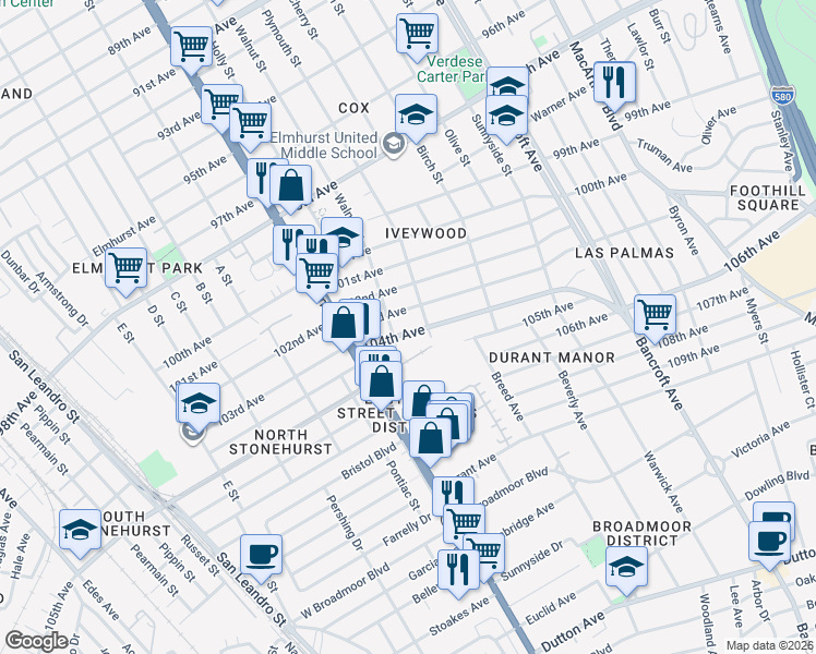 map of restaurants, bars, coffee shops, grocery stores, and more near 1627 104th Avenue in Oakland