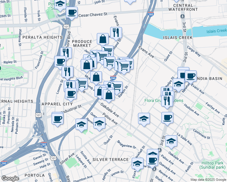 map of restaurants, bars, coffee shops, grocery stores, and more near 2050 McKinnon Avenue in San Francisco