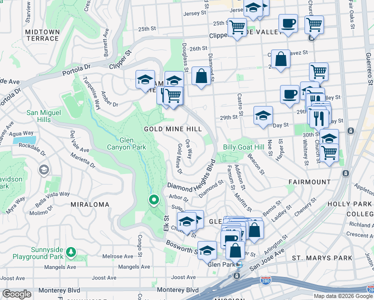 map of restaurants, bars, coffee shops, grocery stores, and more near 43 Ora Way in San Francisco