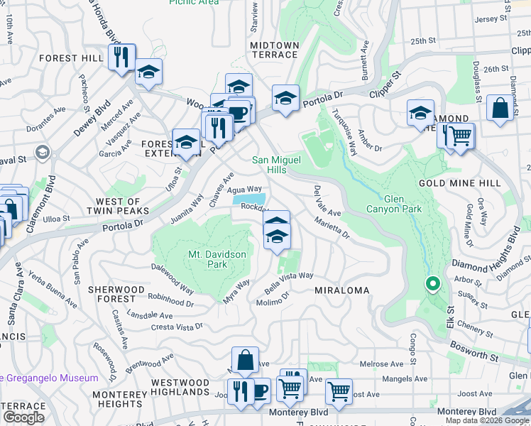 map of restaurants, bars, coffee shops, grocery stores, and more near 681 Rockdale Drive in San Francisco