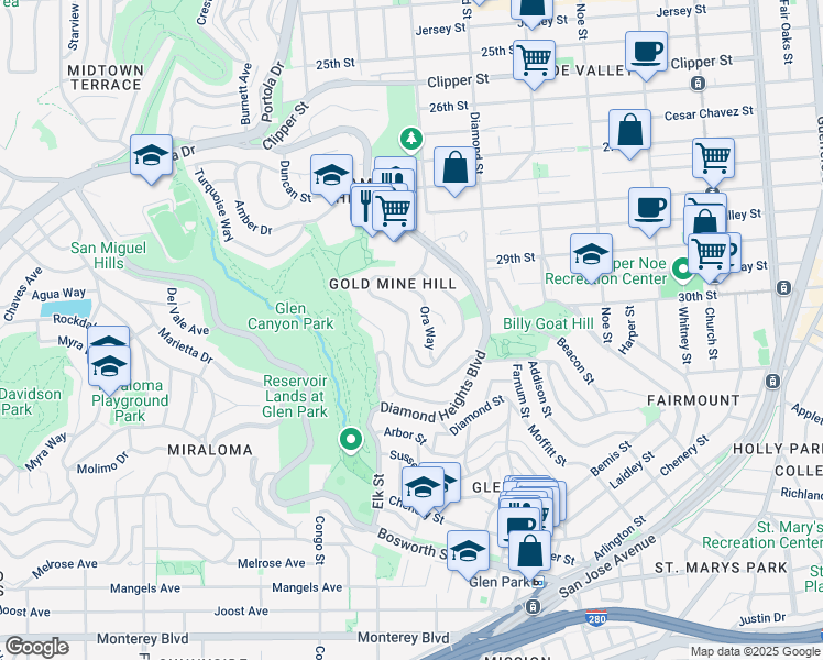 map of restaurants, bars, coffee shops, grocery stores, and more near 281 Gold Mine Drive in San Francisco