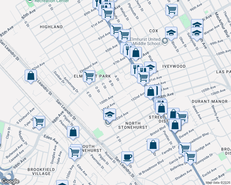 map of restaurants, bars, coffee shops, grocery stores, and more near 9945 B Street in Oakland