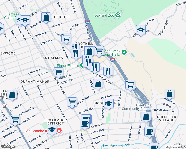 map of restaurants, bars, coffee shops, grocery stores, and more near 2615 109th Avenue in Oakland