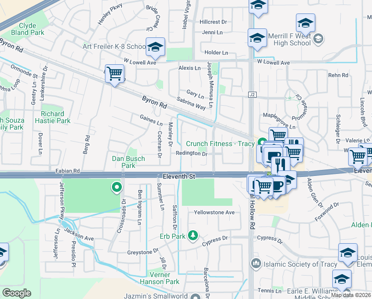 map of restaurants, bars, coffee shops, grocery stores, and more near 2325 Redington Drive in Tracy