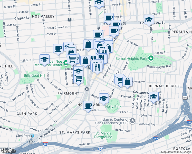 map of restaurants, bars, coffee shops, grocery stores, and more near 2 Cortland Avenue in San Francisco