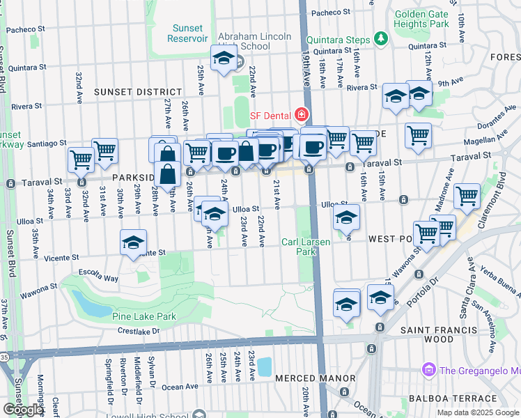 map of restaurants, bars, coffee shops, grocery stores, and more near Ulloa Street & 22nd Avenue in San Francisco