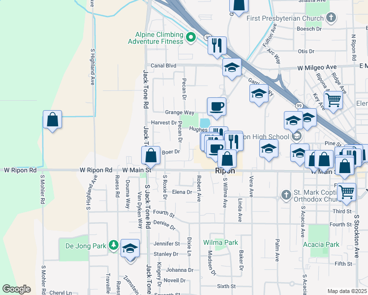 map of restaurants, bars, coffee shops, grocery stores, and more near 1306 Hughes Lane in Ripon