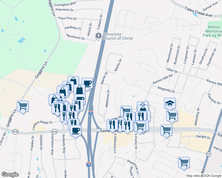 map of restaurants, bars, coffee shops, grocery stores, and more near 126 Millstone Drive in Richmond