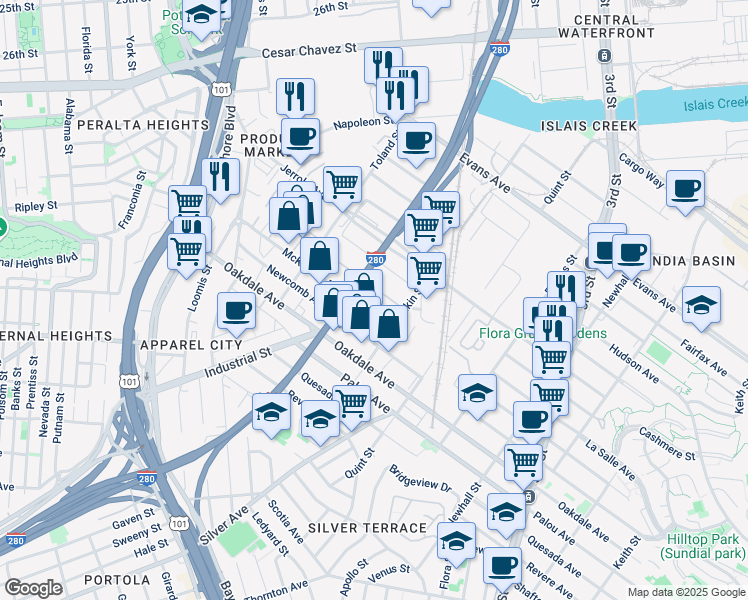 map of restaurants, bars, coffee shops, grocery stores, and more near 2050 McKinnon Ave in San Francisco