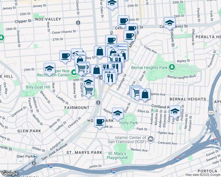 map of restaurants, bars, coffee shops, grocery stores, and more near 3395 Mission Street in San Francisco