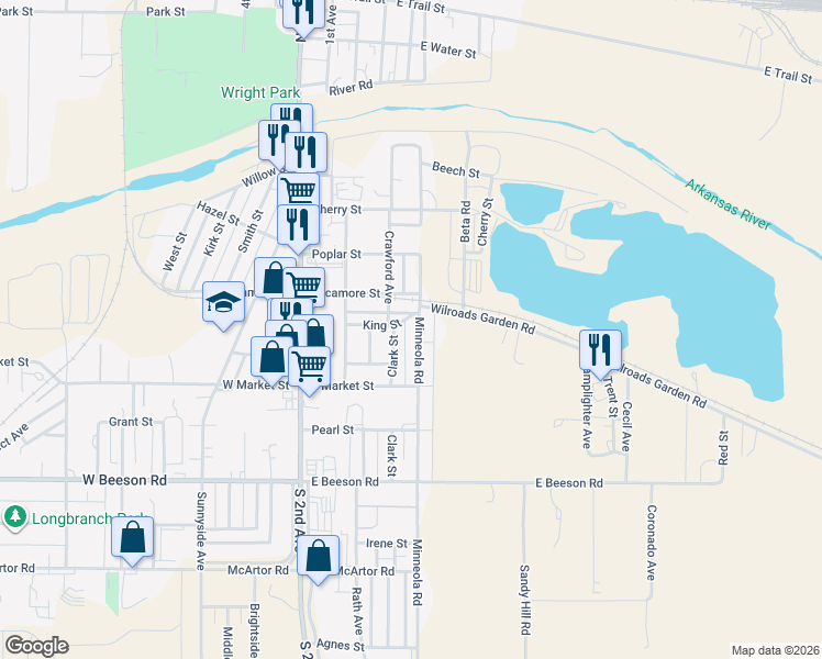 map of restaurants, bars, coffee shops, grocery stores, and more near 302 King Street in Dodge City