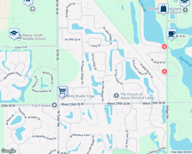 map of restaurants, bars, coffee shops, grocery stores, and more near 8131 W Westlakes St in Wichita